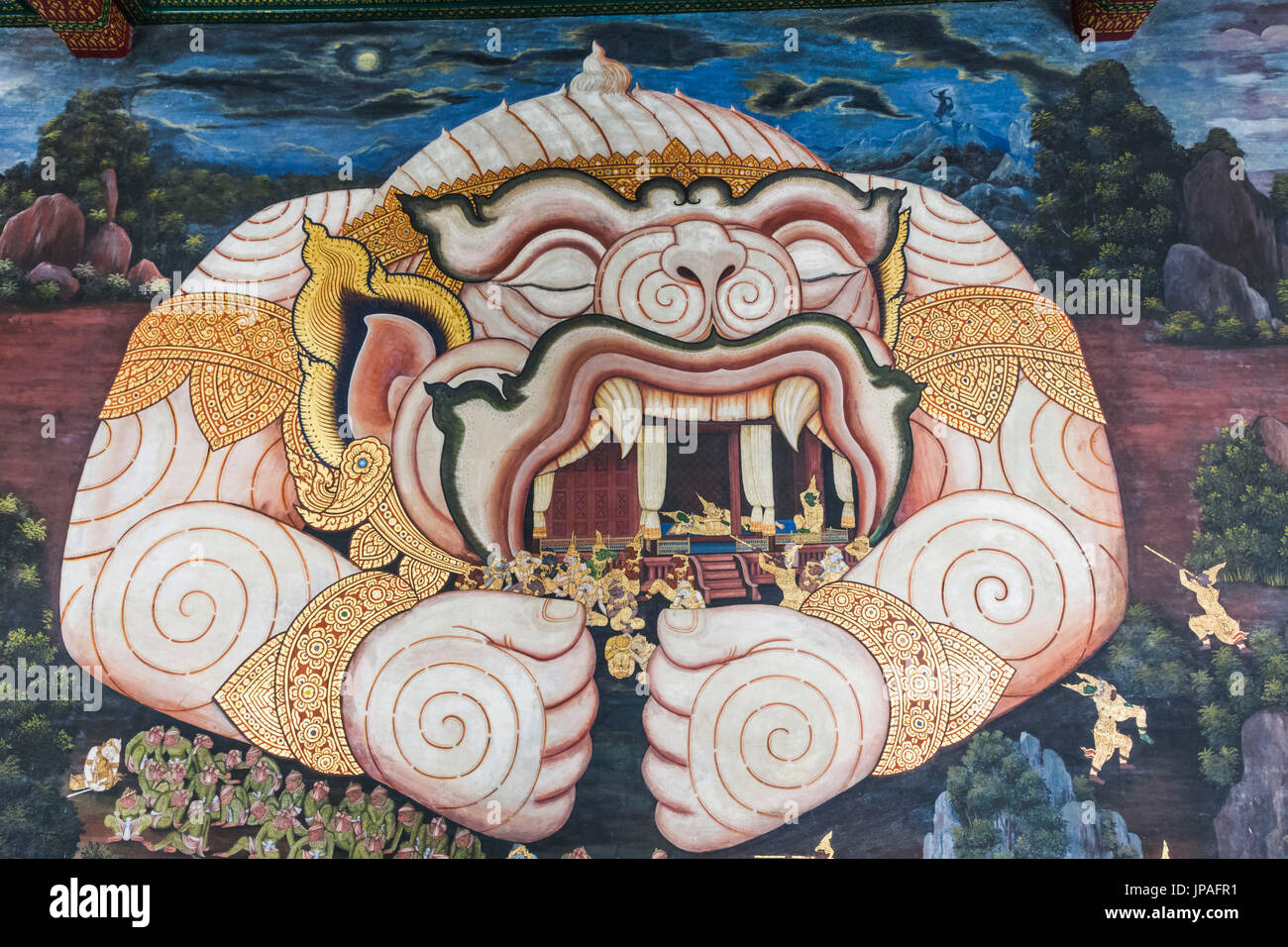 Thailand, Bangkok, Grand Palace, Wat Phra Kaeo, Galerien, Wandmalereien mit Szenen aus dem Ramakien Stockfoto