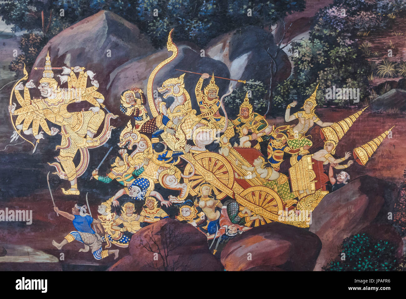 Thailand, Bangkok, Grand Palace, Wat Phra Kaeo, Galerien, Wandmalereien mit Szenen aus dem Ramakien Stockfoto