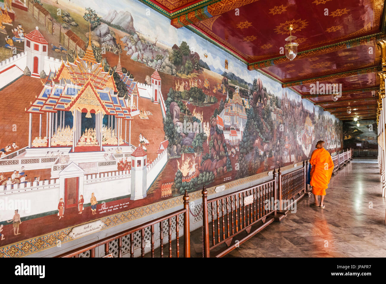 Thailand, Bangkok, Grand Palace, Wat Phra Kaeo, Galerien, Wandmalereien mit Szenen aus dem Ramakien Stockfoto