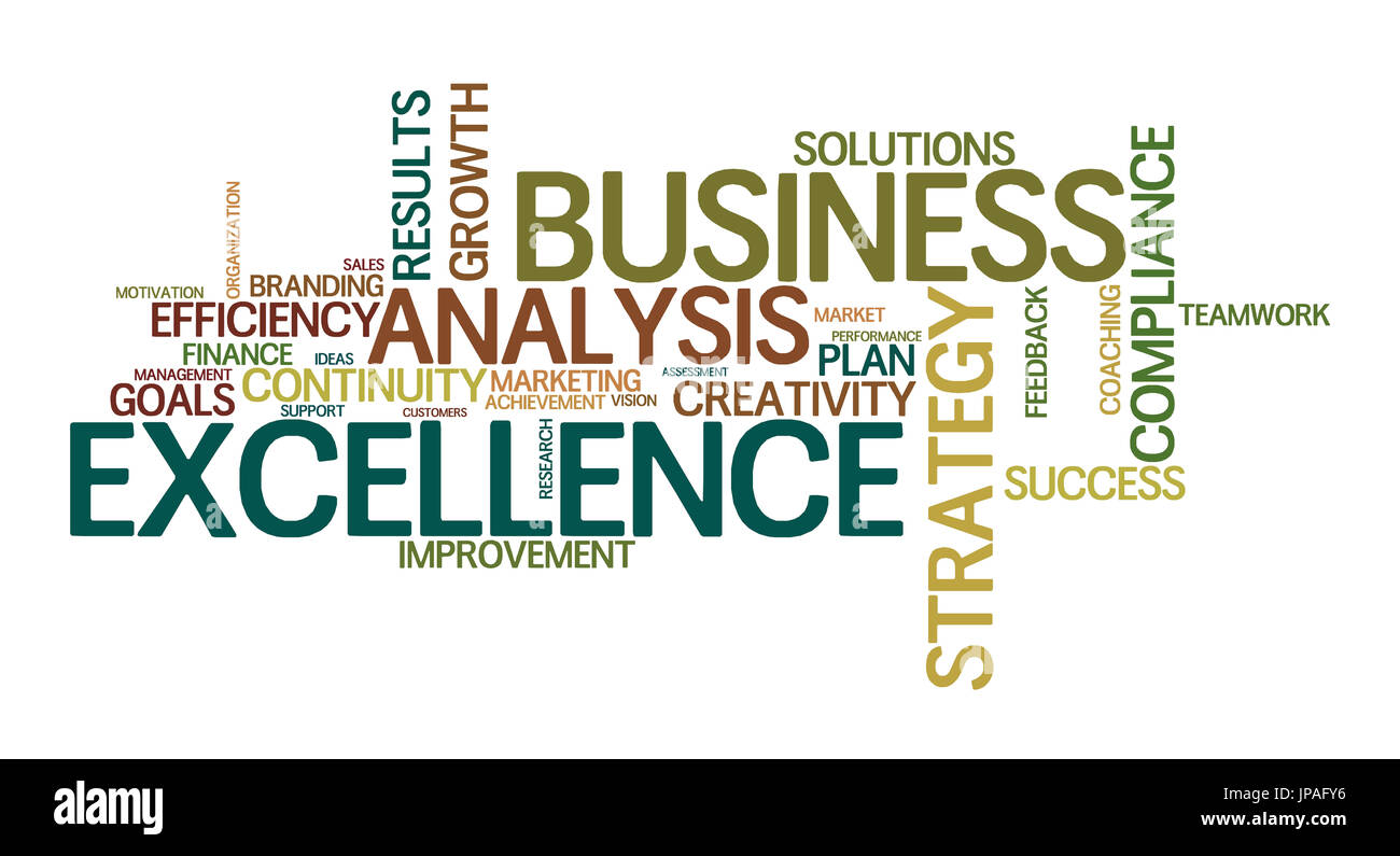 Wortwolke für Business, Analyse, Strategie und Exzellenz Stockfoto