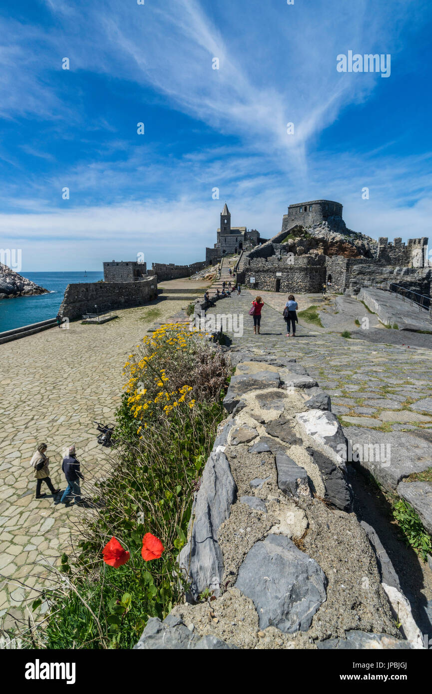 Blumen und blaues Meer umrahmen das alte Schloss und San Pietro Kirche Portovenere Provinz von La Spezia Ligurien Italien Europa Stockfoto