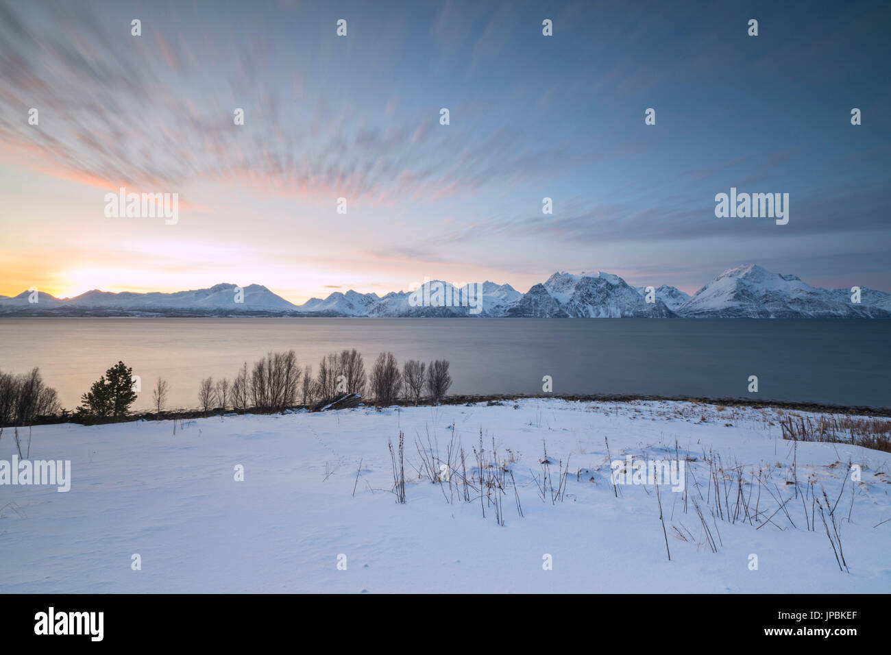 Rosa Wolken bei Sonnenuntergang umrahmen das gefrorene Meer und den schneebedeckten Gipfeln Djupvik Lyngen Alpen Tromsø Norwegen Europa Stockfoto