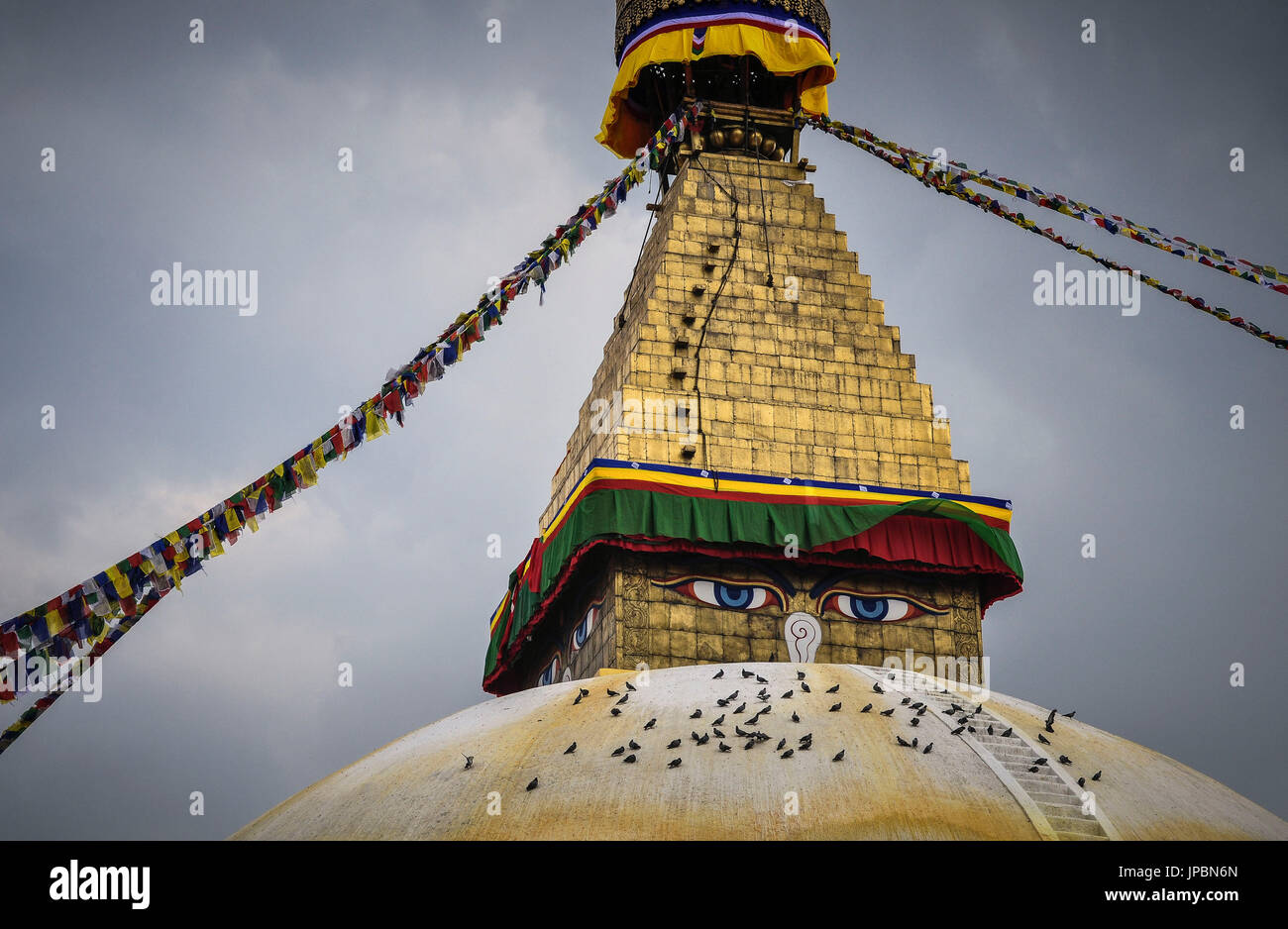 Bouddhanath Stupa mit Tauben, Kathmandu, Nepal, Asien Stockfoto