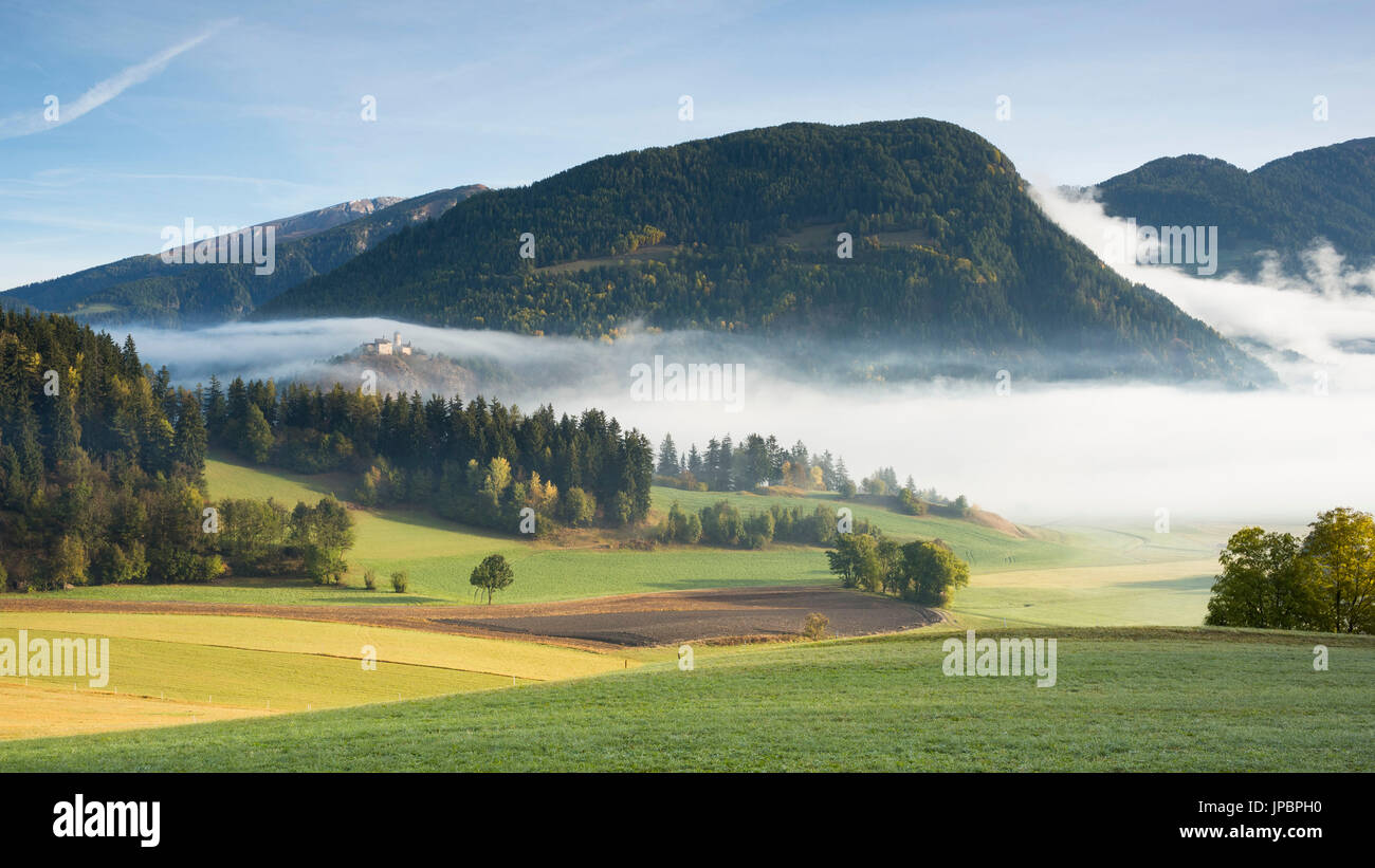 ein herbstlicher Blick auf das südliche Wipptal mit Sprechenstein Burg (Castel Pietra) im Hintergrund; Bozen Provinz, Südtirol, Trentino Alto Adige, Italien, Europa Stockfoto