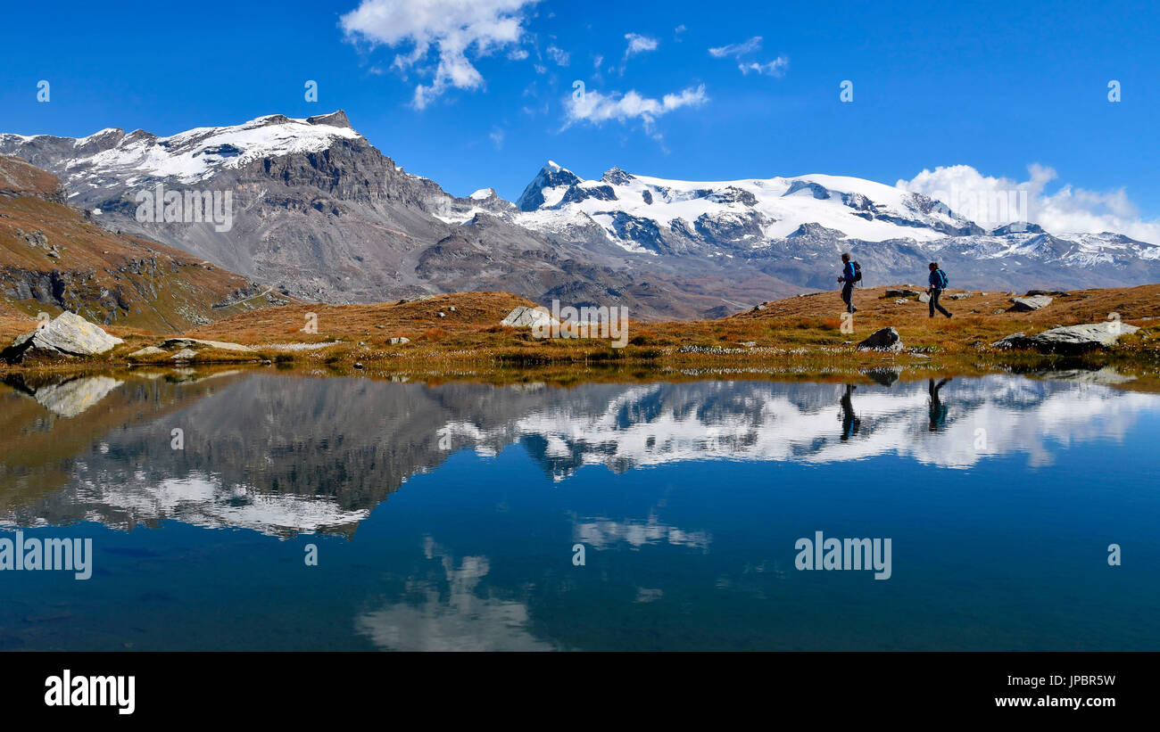 Monte Rosa spiegelt sich in den See bei Wanderern, Valtournenche, Aostatal, Italien Stockfoto