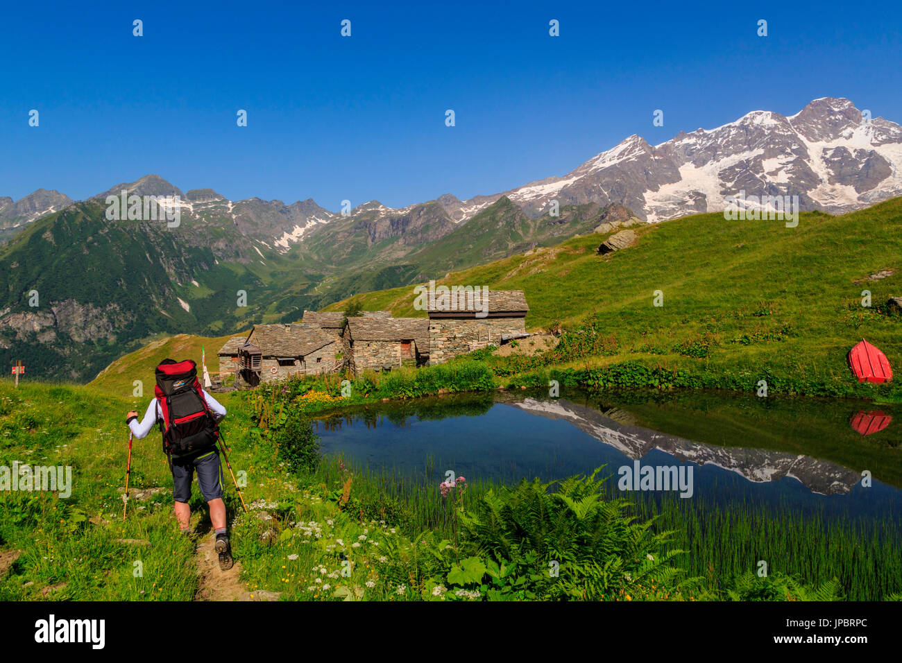 Wanderer in der Alpe Campo mit Monte Rosa auf dem See, Alagna Valsesia reflektiert, Val d ' Aosta, Italien, Europa Stockfoto