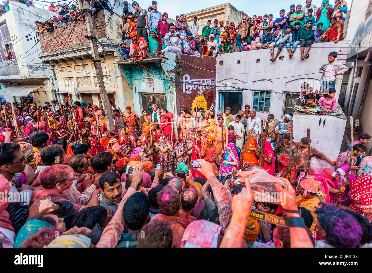 Asien, Indien, Uttar Pradesh, Nandgaon, Lathmar Holi-Fest Stockfoto