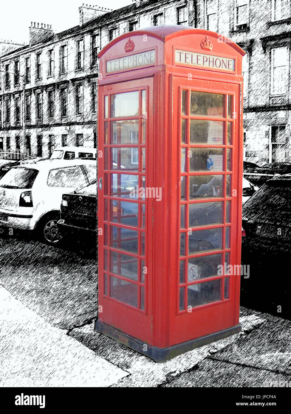 Britischen royal Mail rot Telefon Box alten Stil Vintage mit dem Mietshaus Straße und Straße Hintergrund Rahmen gezeichnet, um Thema markieren Stockfoto