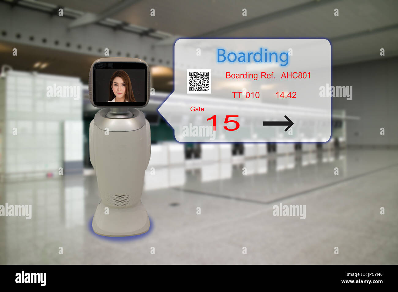 Roboter-Berater Technologiekonzept, Flughafen verwenden Roboter Berater Hilfe Passagier- und geben Informationen über den Flug, Bordkarte, Zeit und Richtung Stockfoto