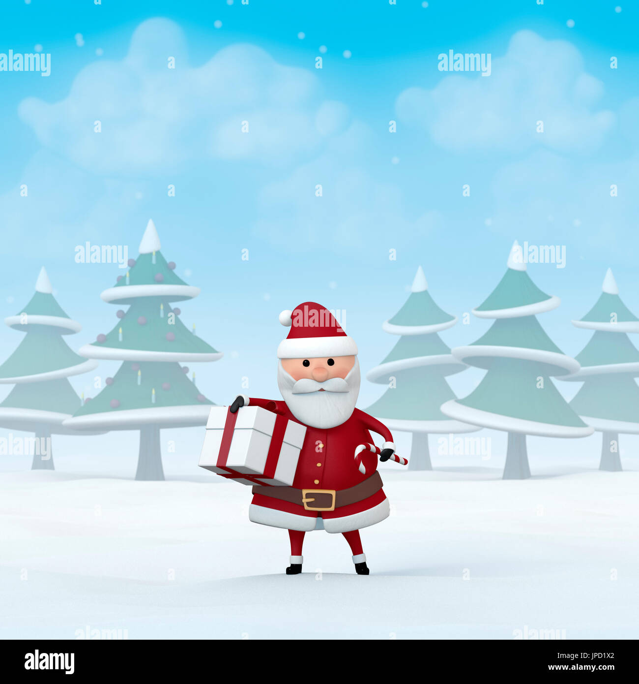 Santa Claus holding ein Weihnachtsgeschenk und eine Zuckerstange in einer verschneiten Winterlandschaft. Stockfoto