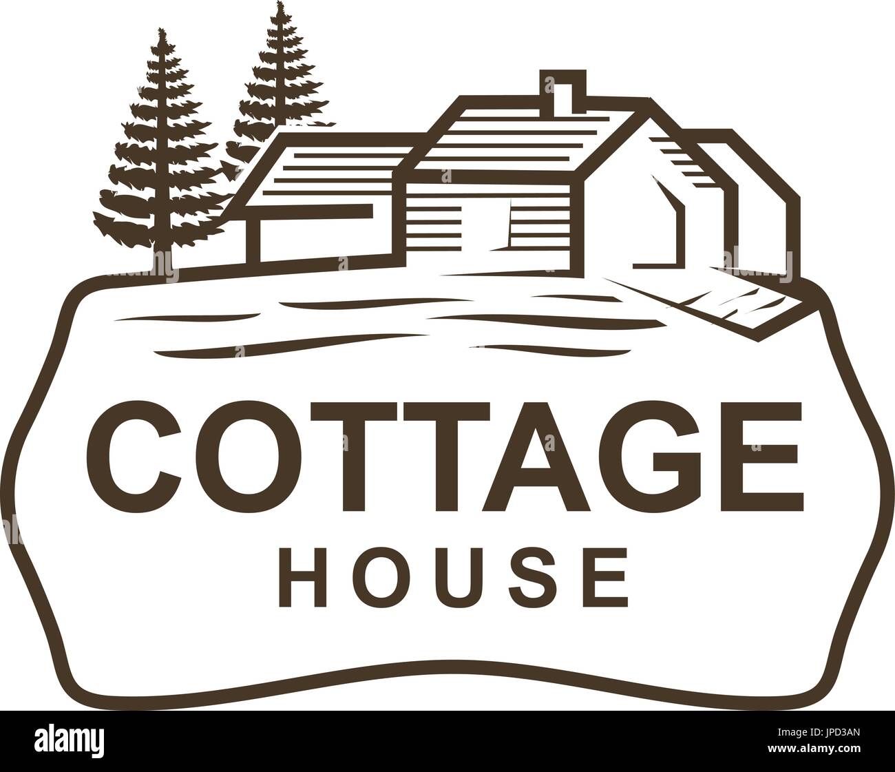 Vintage Cottage mit Kiefer, Logo-Design, isoliert auf weißem Hintergrund. Stock Vektor