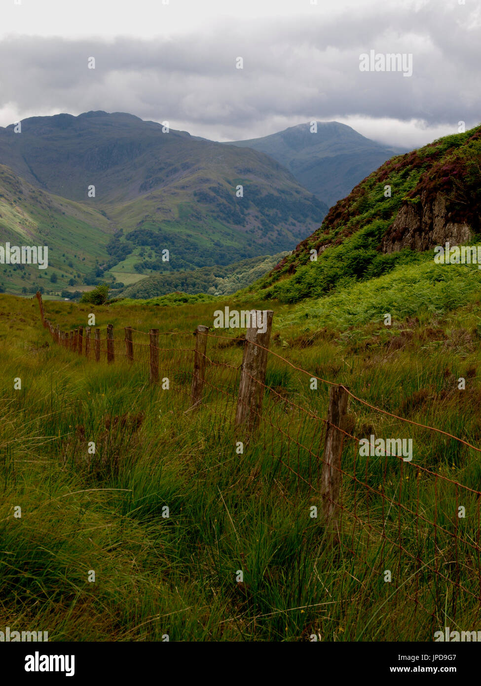 Alten Zaun bergab zu Tal, den Lake District, Cumbria, Großbritannien Stockfoto