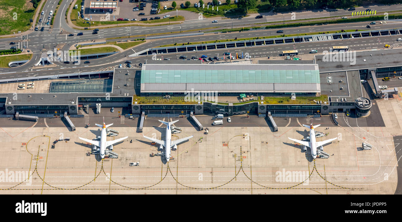 Regionalflughafen Dortmund-Wickede, Schürze mit Passagierflugzeug, Flug-Terminal, Terminal 1, Luftaufnahme, Dortmund, Ruhrgebiet Stockfoto