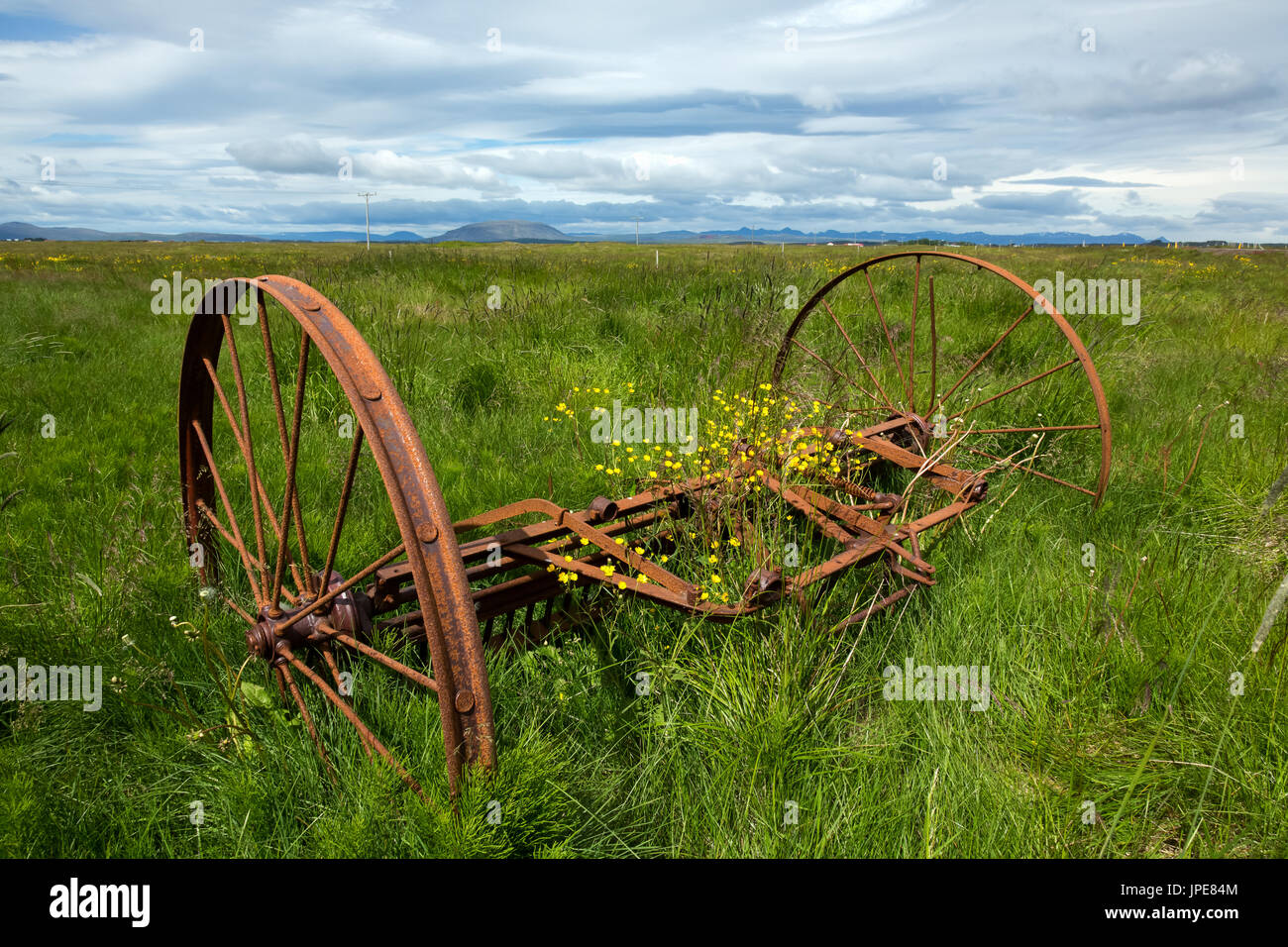 Verlassene landwirtschaftliche Maschinen in einem Feld in Hofn, Island Stockfoto