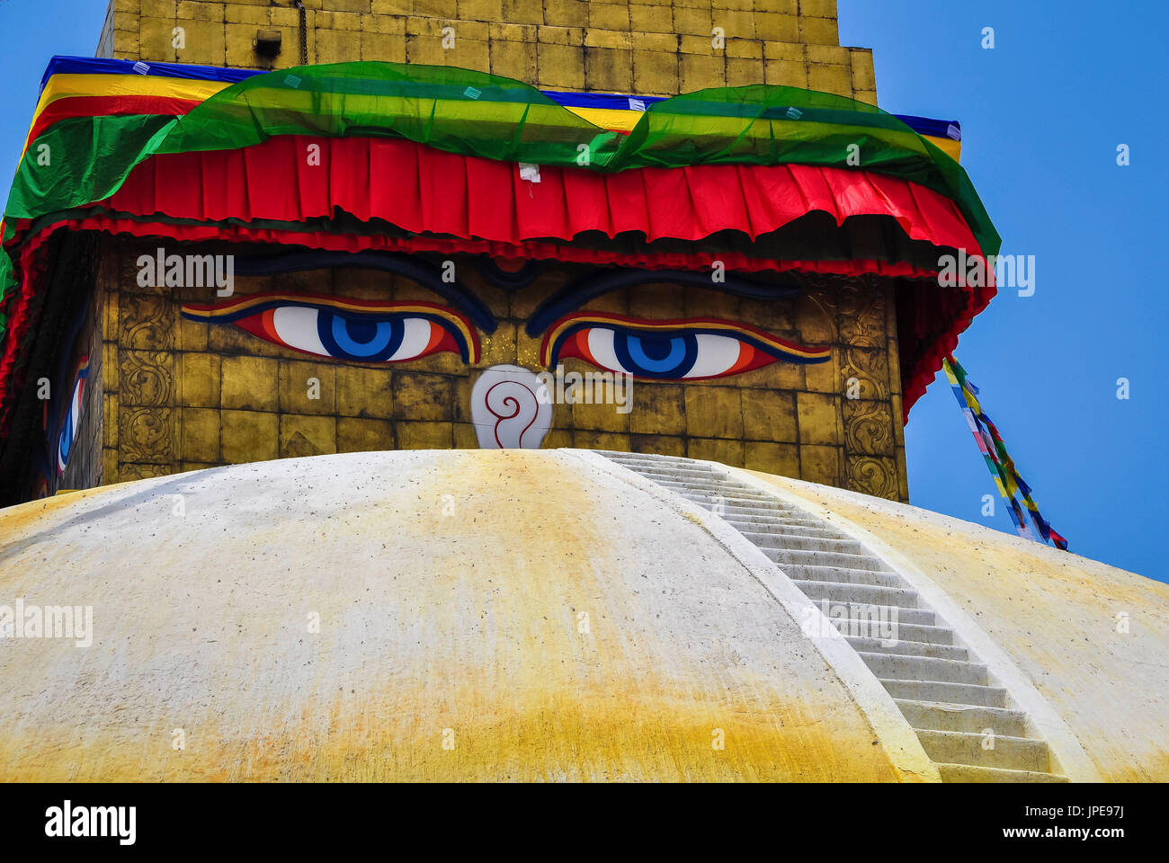 Augen von Buddha, Bouddhanath Stupa, Kathmandu, Nepal, Asien Stockfoto