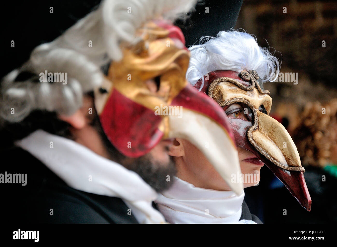 Funktionen Karnevalsmaske von Venedig, in einem Theaterstück von Fokus. Italien Stockfoto