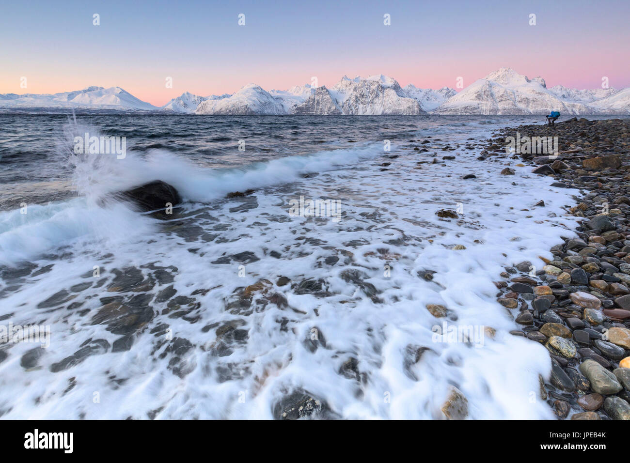 Fotograf bei der Arbeit an einem Strand mit Blick auf den Lyngen Alpen bei Sonnenaufgang. Hammarvika, Lyngenfjord, Lyngen Alpen, Troms, Norwegen, Lappland, Europas. Stockfoto