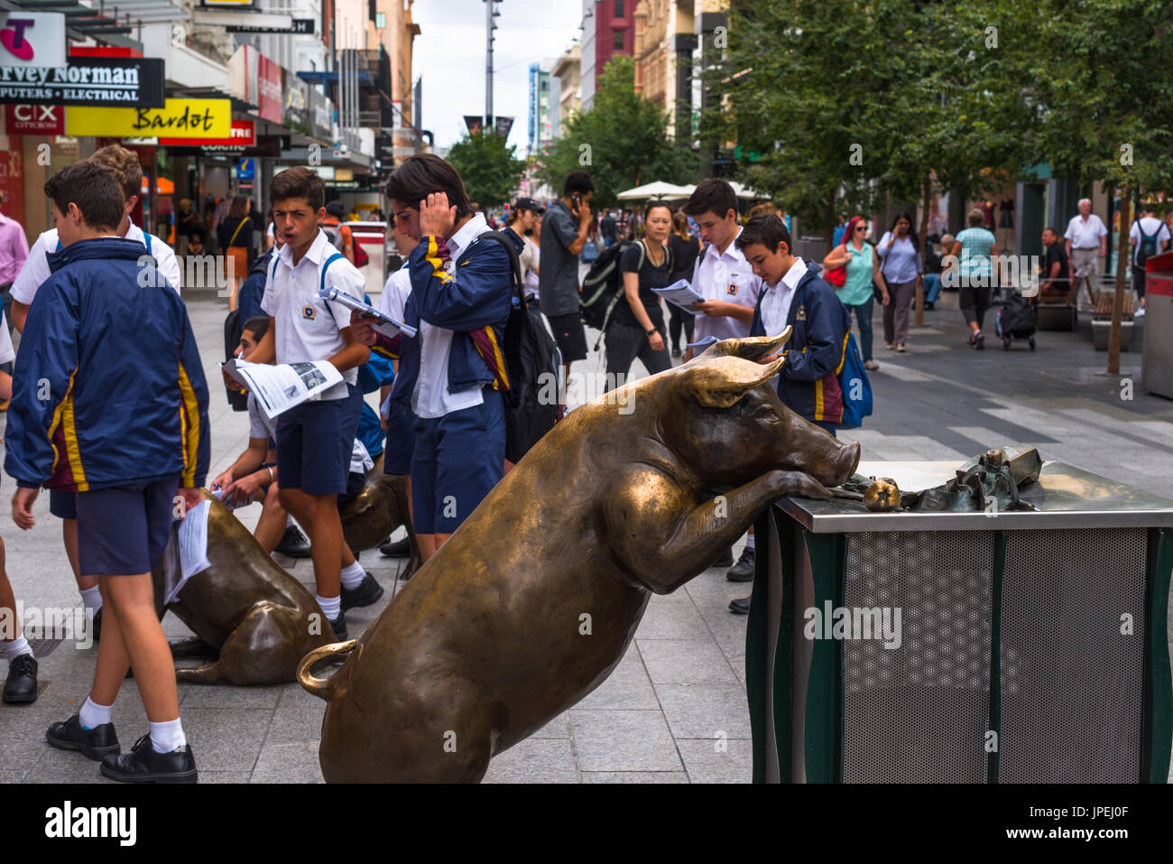 Schulkinder auf Rundle Street mit Bronze Schweine Skulpturen, A Day Out von Marguerite Derricourt. Adelaide, Südaustralien. Stockfoto