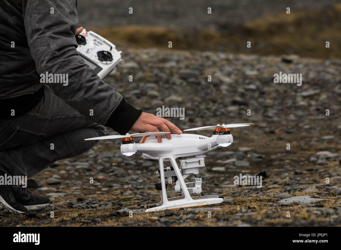 Jökulsárlón, Island - Marsh 27, 2017: Eine Drohne, die während eines Fluges abgestürzt Stockfoto