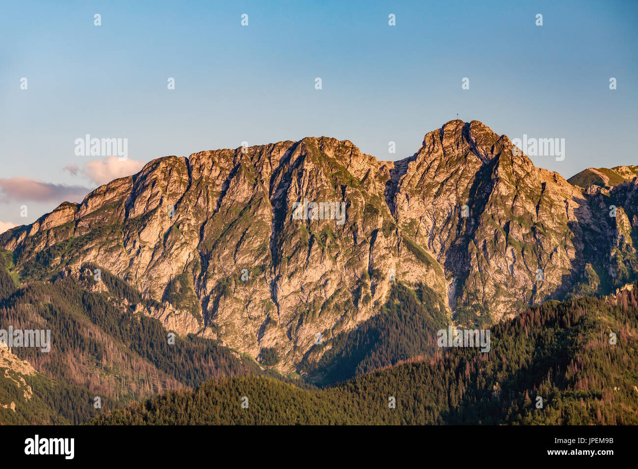 Giewont Berg, inspirierende Berge Landschaft, schöner Tag im Sommer Tatra, Blumen und Mountain Ridge über blauen Himmel in Zakopane, Polen Stockfoto