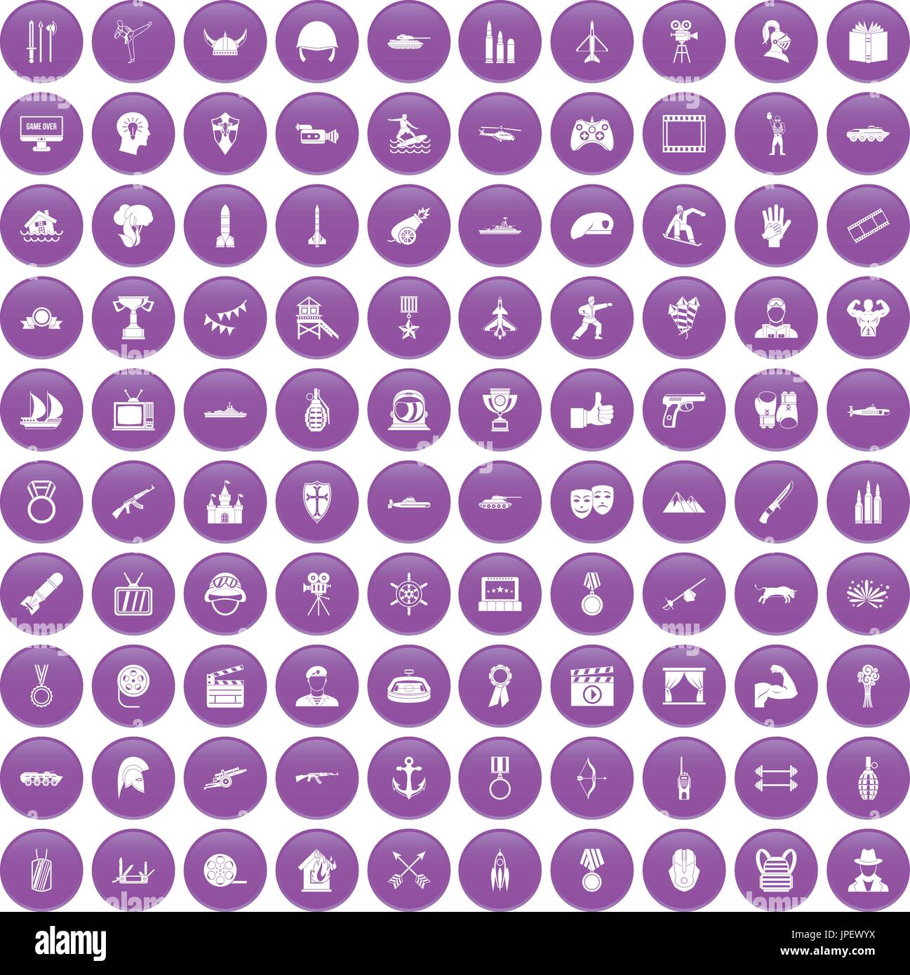 100 Helden Icons set lila Stock Vektor