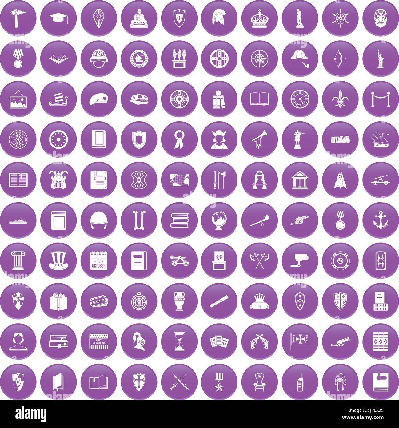 100 Geschichte Icons set lila Stock Vektor