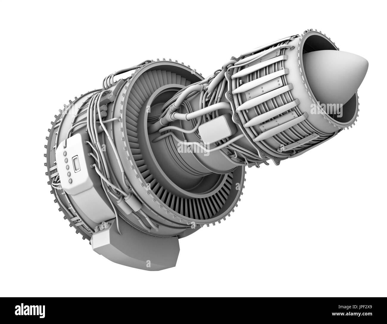 3D Ton Rendern von Turbofan-Triebwerk isoliert auf weißem Hintergrund. 3D-Rendering Bild. Stockfoto