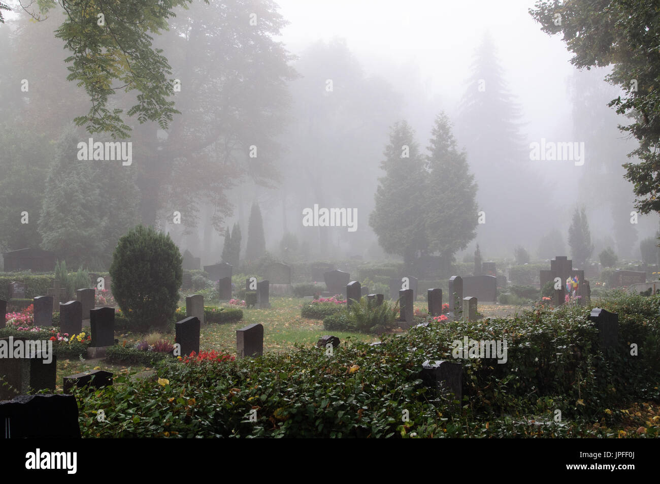 Morgennebel auf dem Friedhof Stockfoto