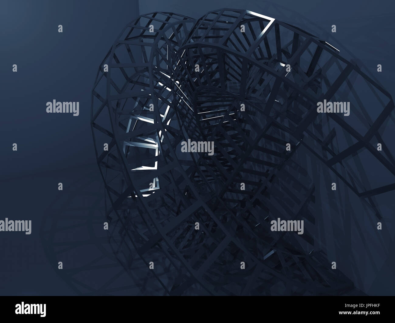 Abstrakte digitale dunkelblauem, gebogenen Draht-Frame-Struktur im dunklen Raum. 3D Render-illustration Stockfoto