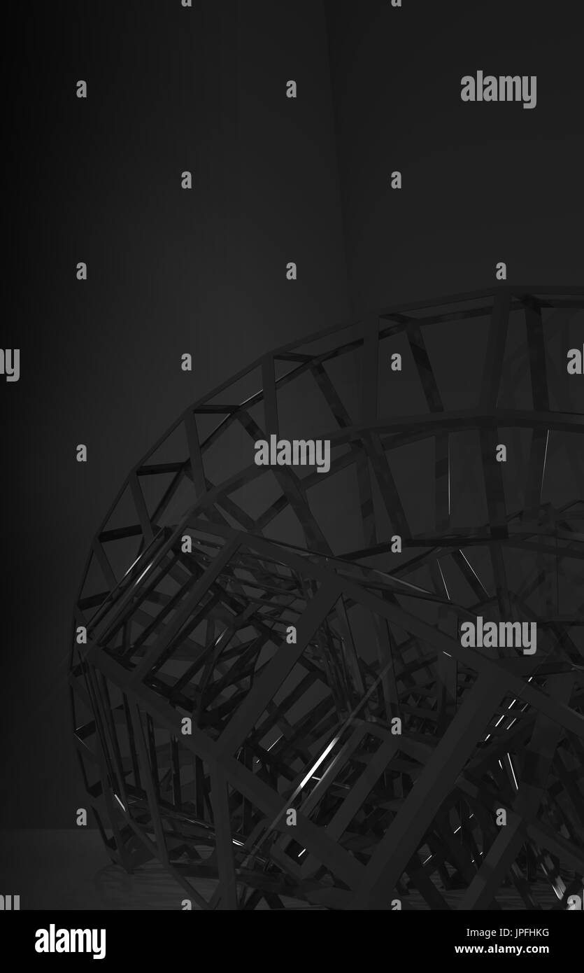 Abstrakte digitale Grafik schwarzem, gebogenen Draht-Frame-Struktur in der Dunkelheit. Vertikale 3d Render-illustration Stockfoto
