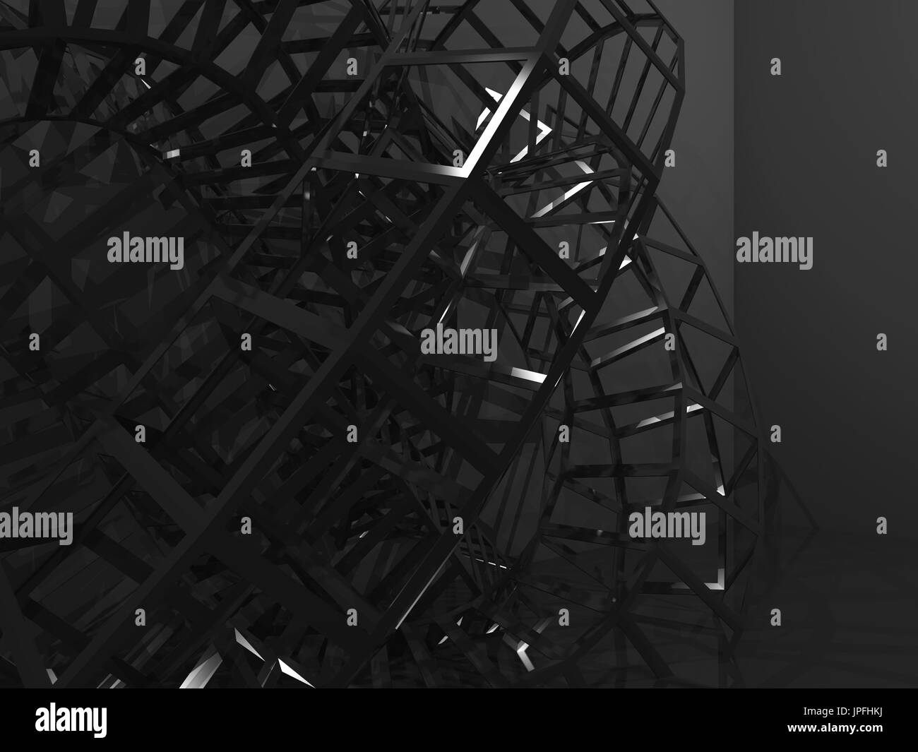 Abstrakte digitale schwarzem, gebogenen Draht-Frame-Struktur in der Dunkelheit. 3D render Stockfoto