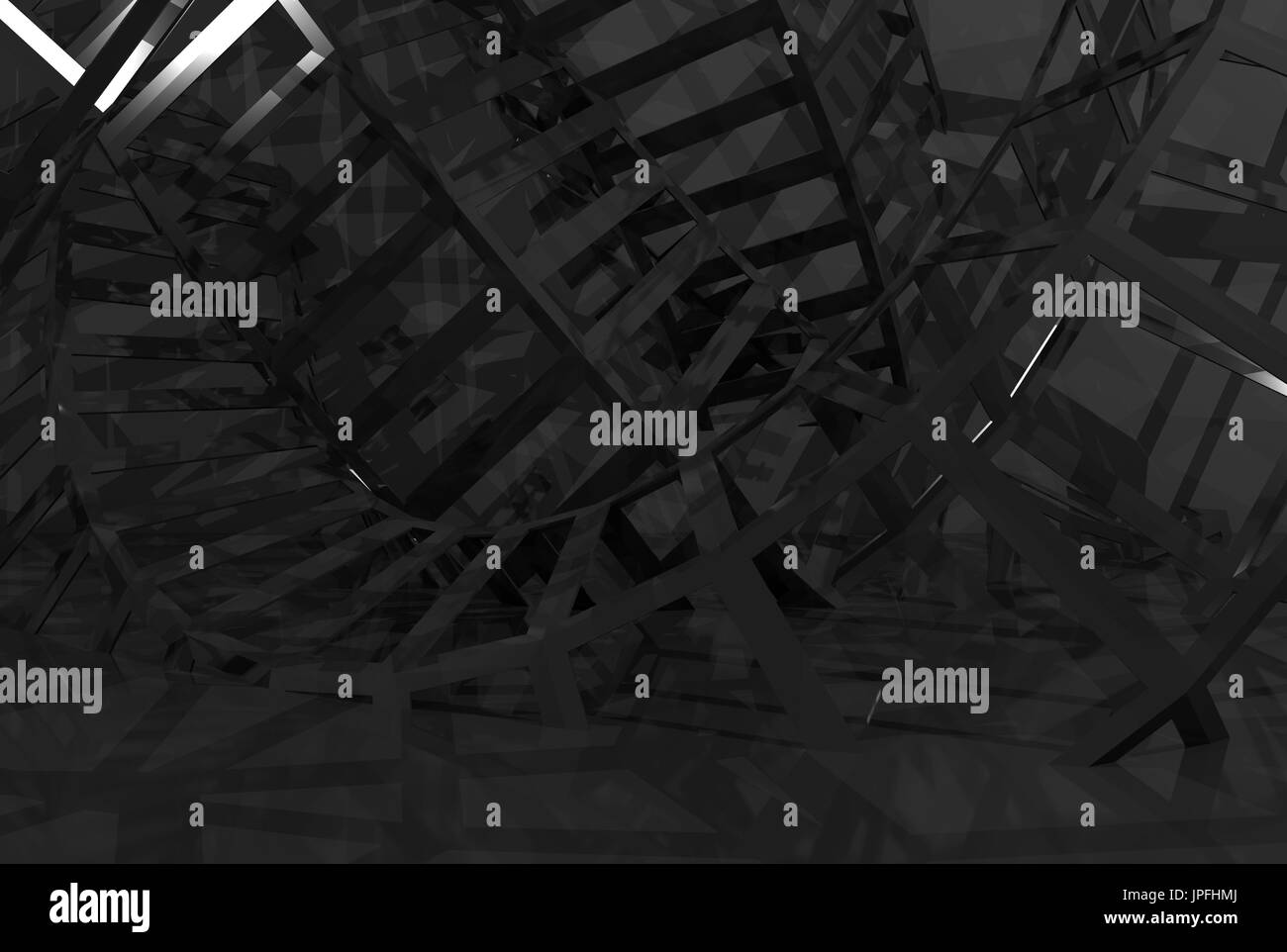 Abstrakte digitale Grafik schwarzem, gebogenen Draht-Frame-Struktur in der Dunkelheit. 3D Render-illustration Stockfoto