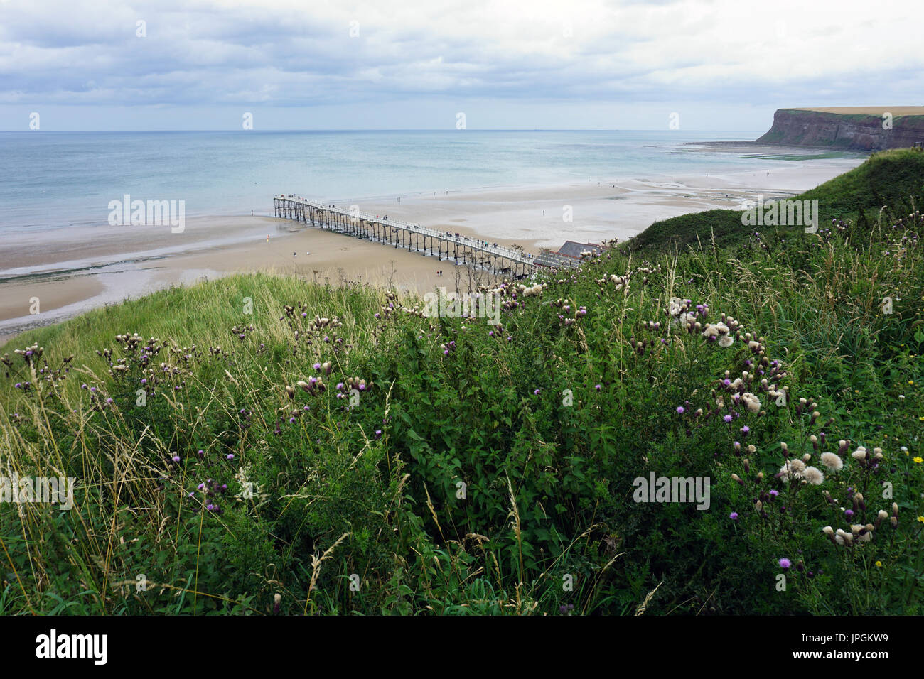 Saltburn Pier von der Spitze der Klippe hinunter auf das Meer und den Strand Stockfoto