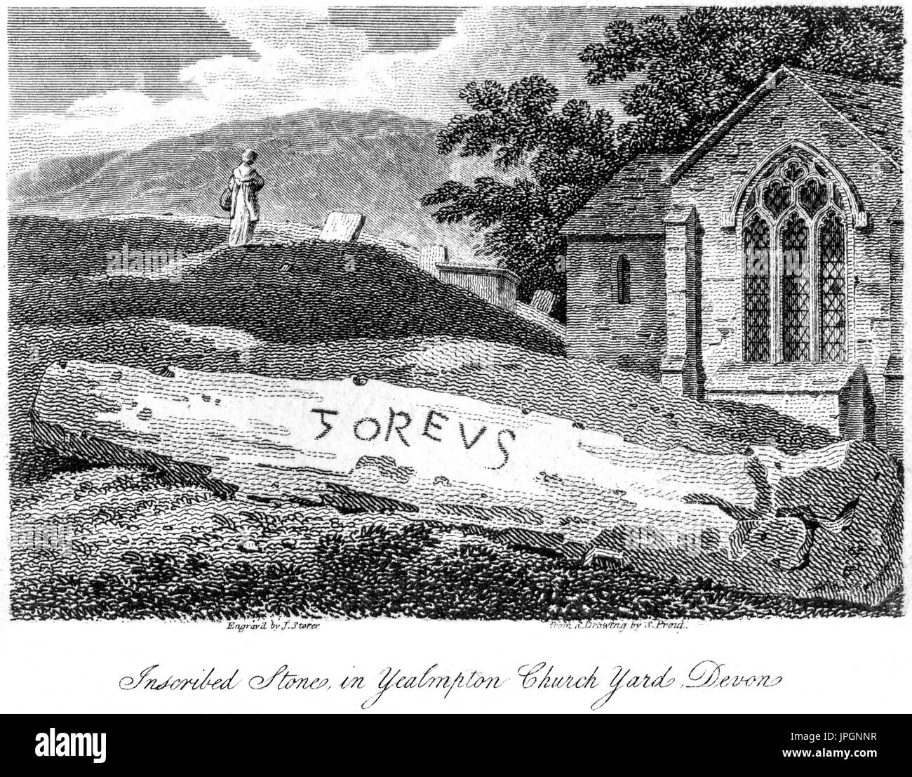 Gravur von einem Stein (Stein) Goreus in llanrug Kirche Hof, Devon gescannt bei hohen Res aus einem Buch von 1808. Glaubten copyright frei. Stockfoto