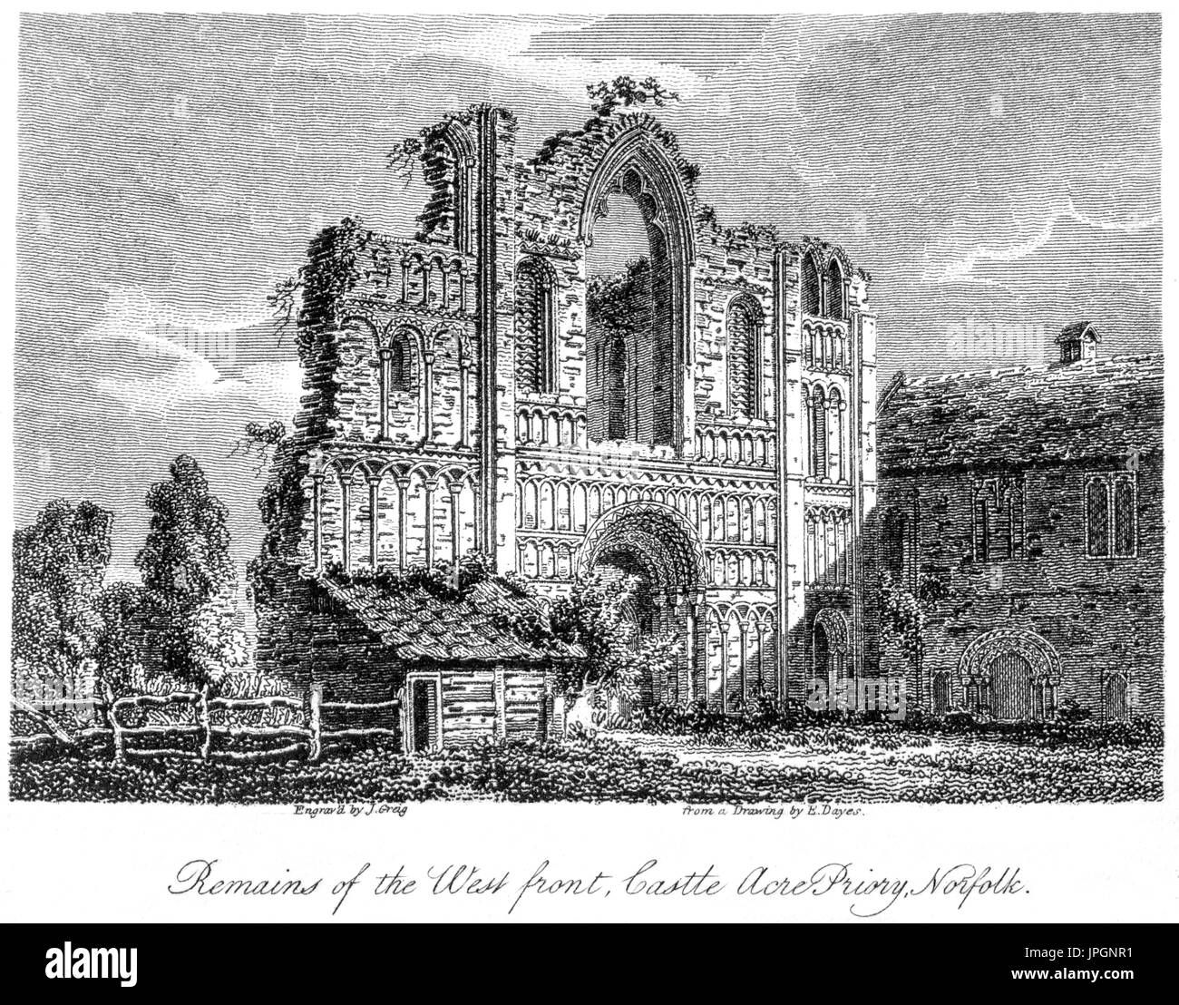 Gravur der Reste der West Front, Castle Acre Priory, Norfolk gescannt und in hoher Auflösung aus einem Buch von 1808. Glaubten copyright frei. Stockfoto