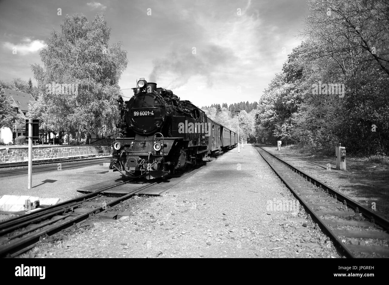 99 6001-4 Abreise Alexisbad Station mit dem Zug nach Hasselfelde, Harzer Schmalspurbahnen. Stockfoto
