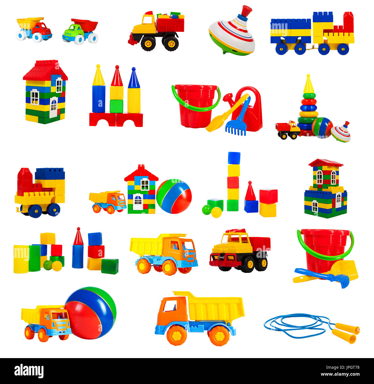 buntes Spielzeug für Kinder, die isoliert auf weißem Hintergrund gesetzt. Spielzeug - LKW, Zug, Blöcke, Springseil, Haus, Whirligig, Ball, Bau-Blöcke, Stockfoto