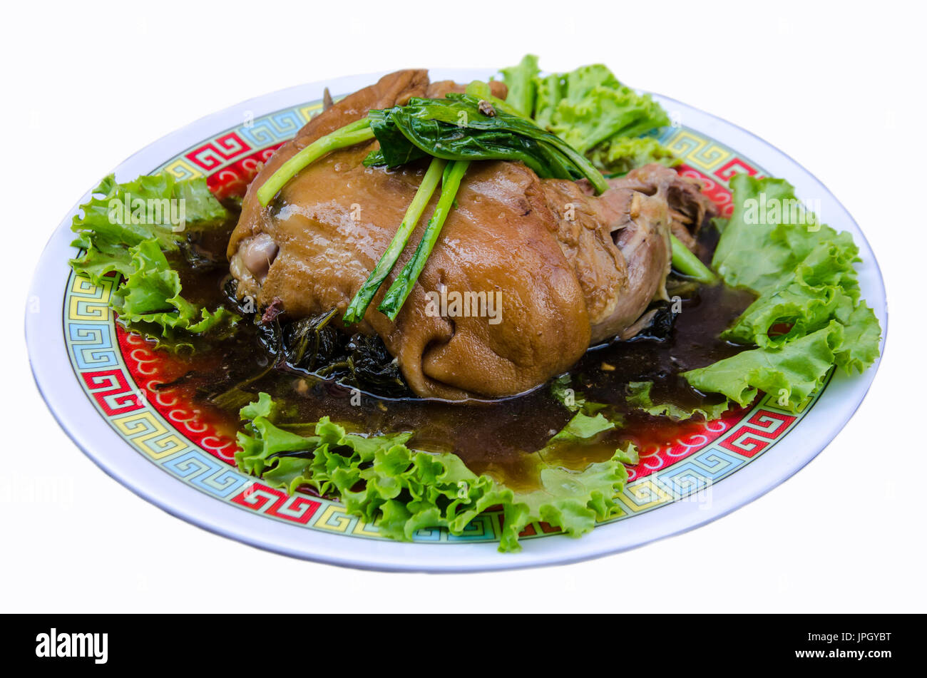 sehr lecker Anruf KHAMOO von gekochtem Schweinefleisch mit pflanzlichen Zutaten und Gemüse auf weißem Hintergrund Stockfoto