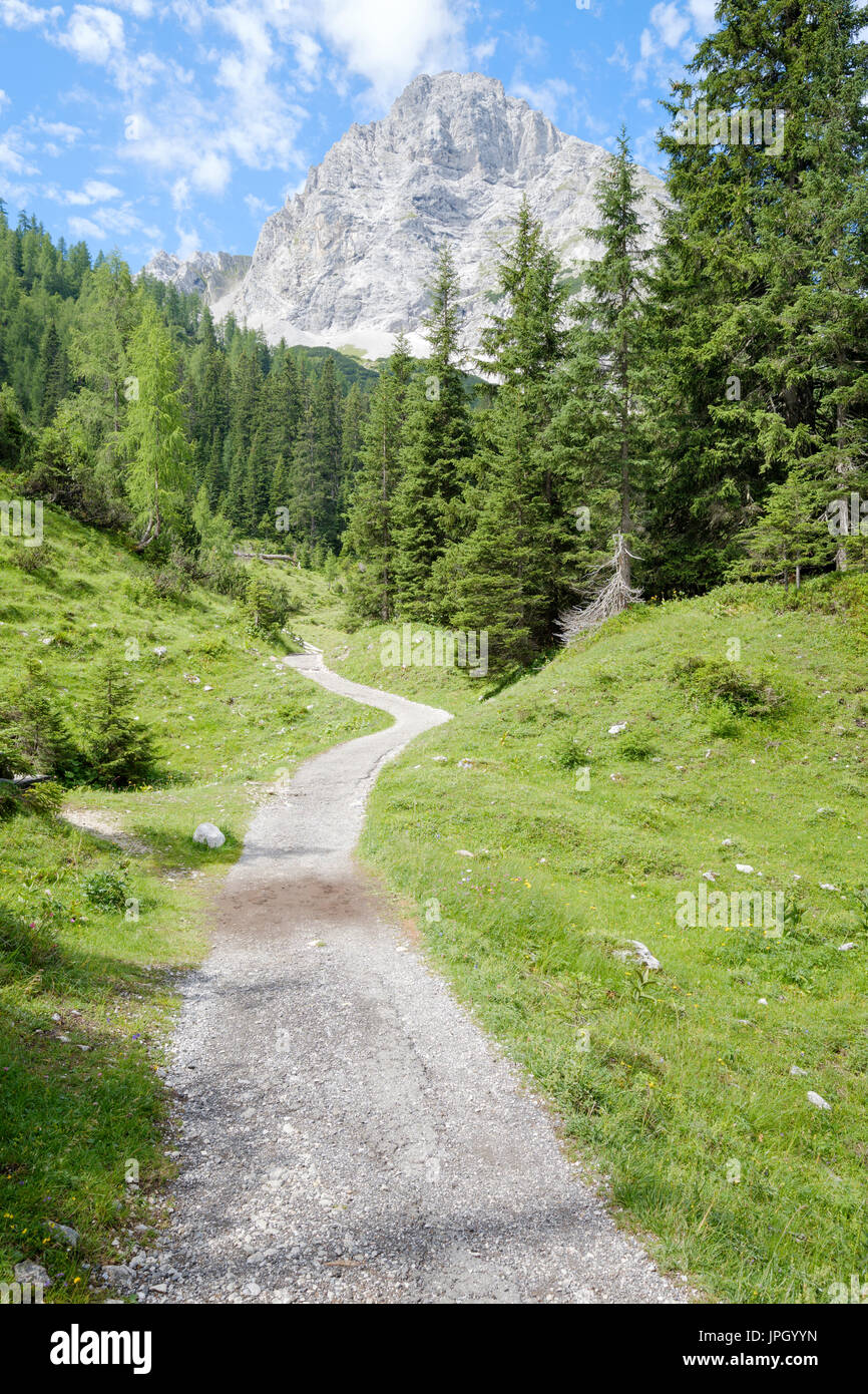 Seebenalm Fußweg zum Seebensee mit der Sonnenspitze Berggipfel, Ehrwald, Tirol, Österreich Stockfoto