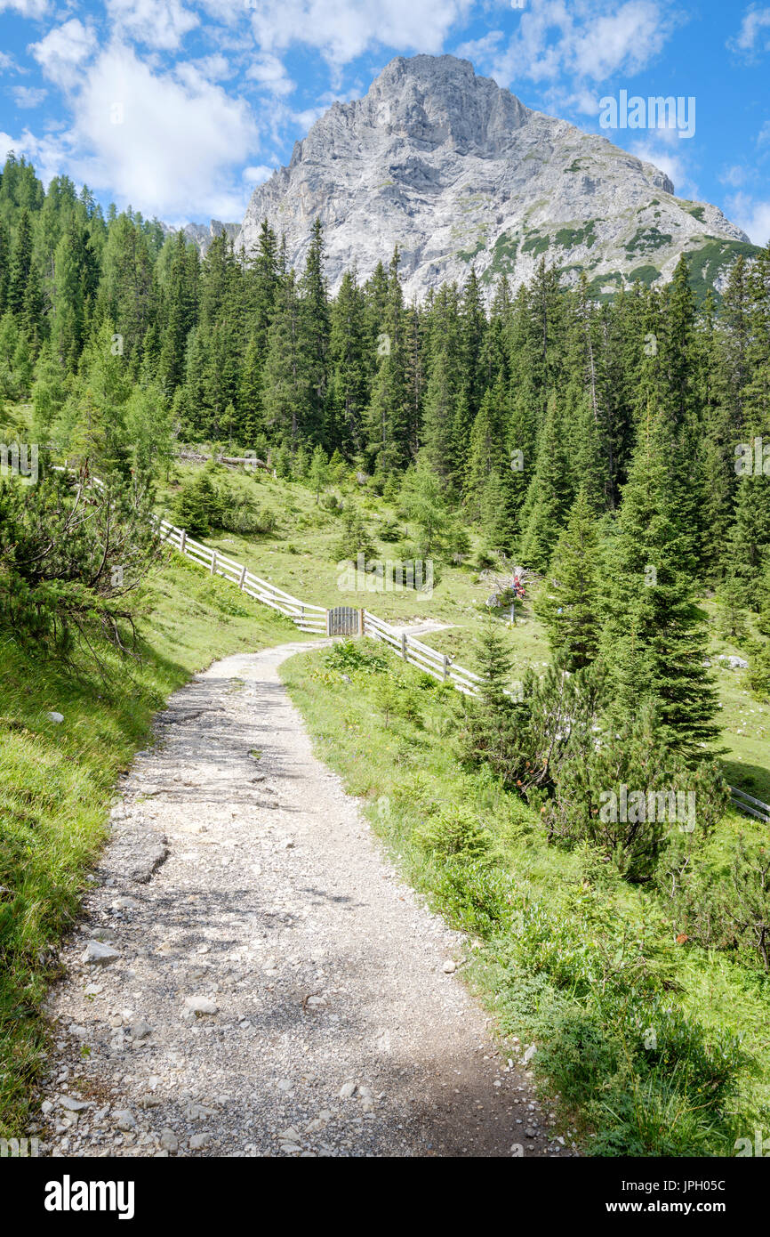 Seebenalm Fußweg zum Seebensee mit der Sonnenspitze Berggipfel, Ehrwald, Tirol, Österreich Stockfoto