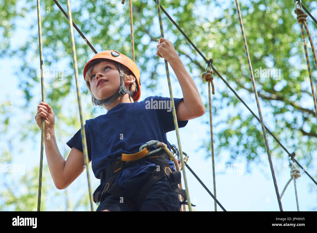 Kind Junge genießt Klettern im Hochseilgarten Abenteuer. Kind engagiert klettern High Wire Park. Aktive tapfere kleine Junge klettern in der Baumkrone ein genießen Stockfoto