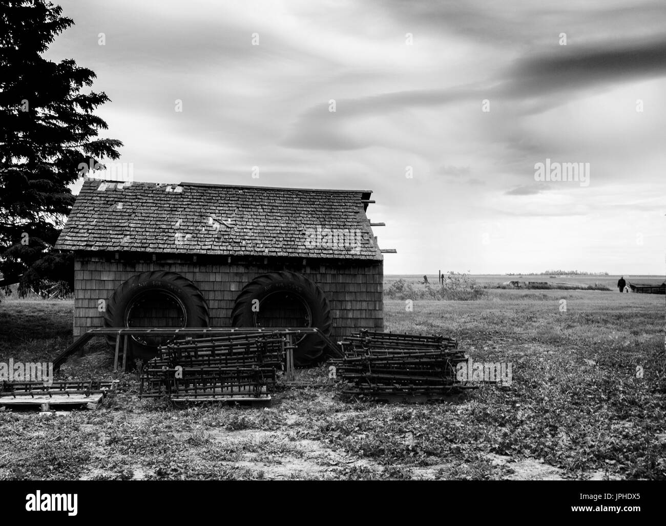 schwarze und weiße Traktorreifen auf ein altes Bauernhaus in grünen Feldern: Stockfoto