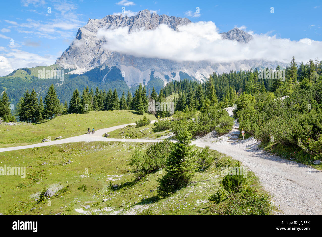 Blick von der Seebenalm auf der Zugspitze Bergkette, Ehrwald, Tirol, Österreich Stockfoto