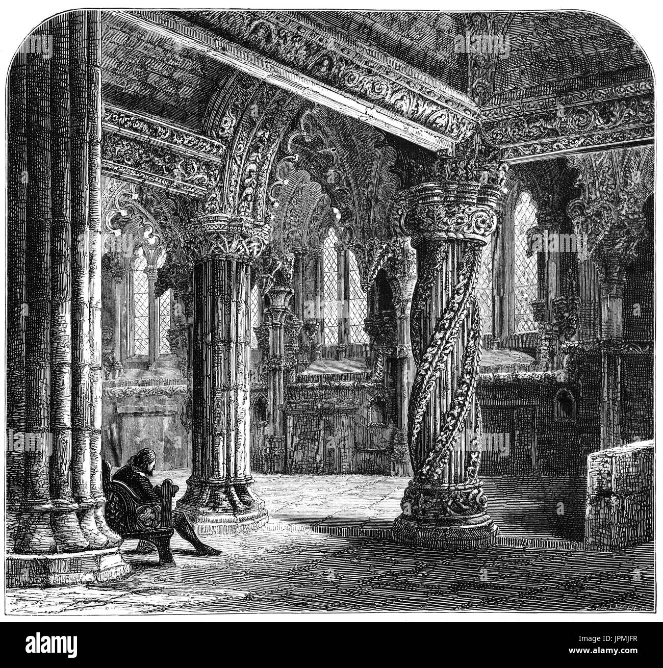 1870: der "Lehrling Säule oder"Prentice Säule"in der Rosslyn-Kapelle stammt aus dem 18. Jahrhundert. Der Legende nach glaubte der Maurermeister nicht, dass der Lehrling die komplizierte Aufgabe die Spalte zu schnitzen, ohne zu sehen, das Original, das Inspiration für das Design gebildet durchführen könnte. Der Maurermeister gereist, um das Original selbst zu sehen, aber nach seiner Rückkehr war wütend zu finden, dass der Emporkömmling Lehrling die Spalte selbst abgeschlossen hatte. In einem Anfall von eifersüchtigen Zorn der Maurermeister nahm seinen Hammer und schlug den Lehrling auf den Kopf, ihn zu töten. 15. Jahrhundert Rosslyn Stockfoto