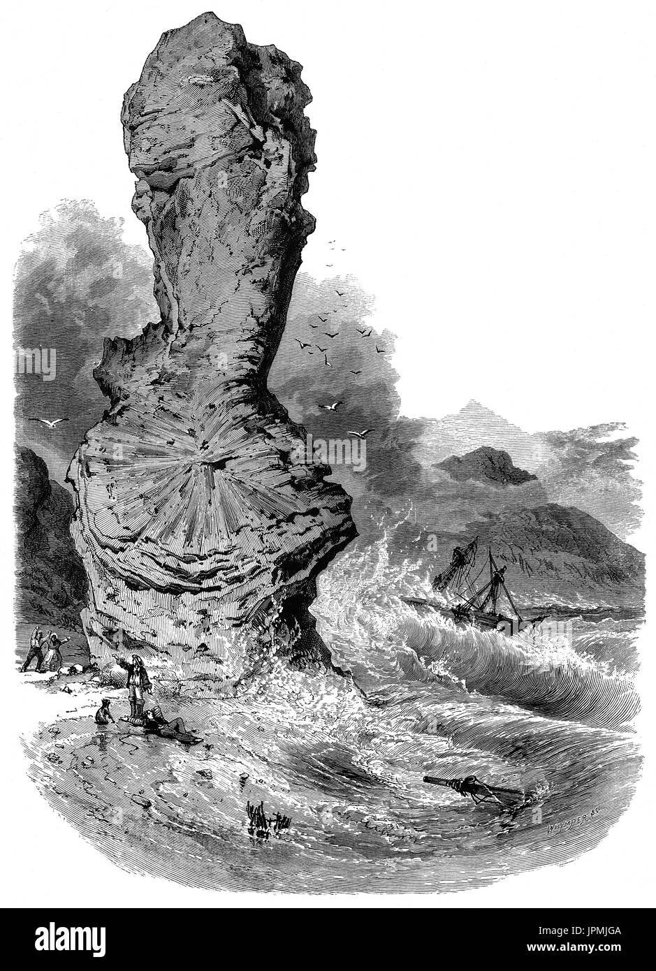 1870: ein Schiffswrack, statt in der Nähe der vulkanische Bildung bekannt als Rock und Spindel, die Reste der Teil eines Systems Vulkanschlot, die scheint, seinen Weg durch ein früher pyroklastischen gezwungen haben (einen schnellen Strom aus heißem Gas und vulkanische Angelegenheit) Kaution. St Andrews an der Ostküste von Fife, Schottland, Stockfoto