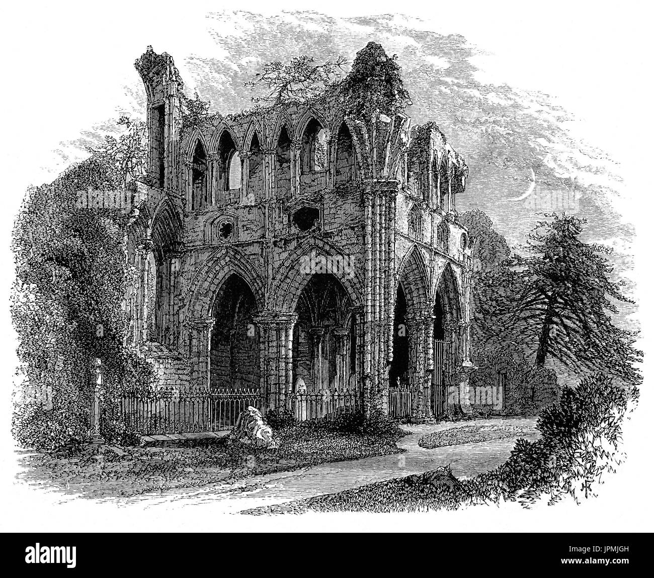 1870: Sir Walter Scott verbrachte seine letzten Tage in seinem Haus in Abbotsford, Roxburghs. Er forderte in den Speisesaal verschoben werden, um eine klare Sicht auf seine geliebten Fluss-Tweed aus dem Fenster zu haben. Er starb auf der 21. September 1832 und wurde in die bereits verfallene Dryburgh Abbey - eine Stelle, die er als seine letzte Ruhestätte in einem frühen Alter identifiziert begraben. Roxburghshire in den Scottish Borders Stockfoto