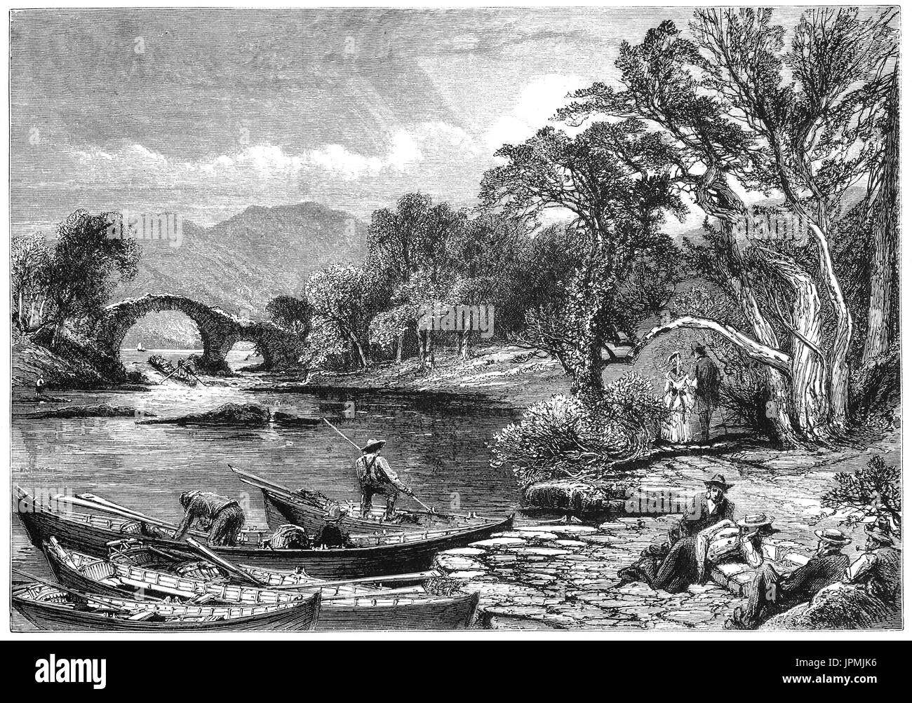1870: Schiffer in der Nähe von Old Weir Bridge vermutlich zurück bis ins 16. Jahrhundert an der Stelle bekannt als das "Meeting of the Waters", wo der drei Killarney Seen treffen. Das Wasser aus dem oberen See in der Mitte (oder Muckross Lake) und Lough Leane.  Killarney National Park, County Kerry, Irland. Stockfoto 1870: Schiffer in der Nähe von Old Weir Bridge vermutlich zurück bis ins 16. Jahrhundert an der Stelle bekannt als das "Meeting of the Waters", wo der drei Killarney Seen treffen. Das Wasser aus dem oberen See in der Mitte (oder Muckross Lake) und Lough Leane.  Killarney National Park, County Kerry, Irland. Stockfoto