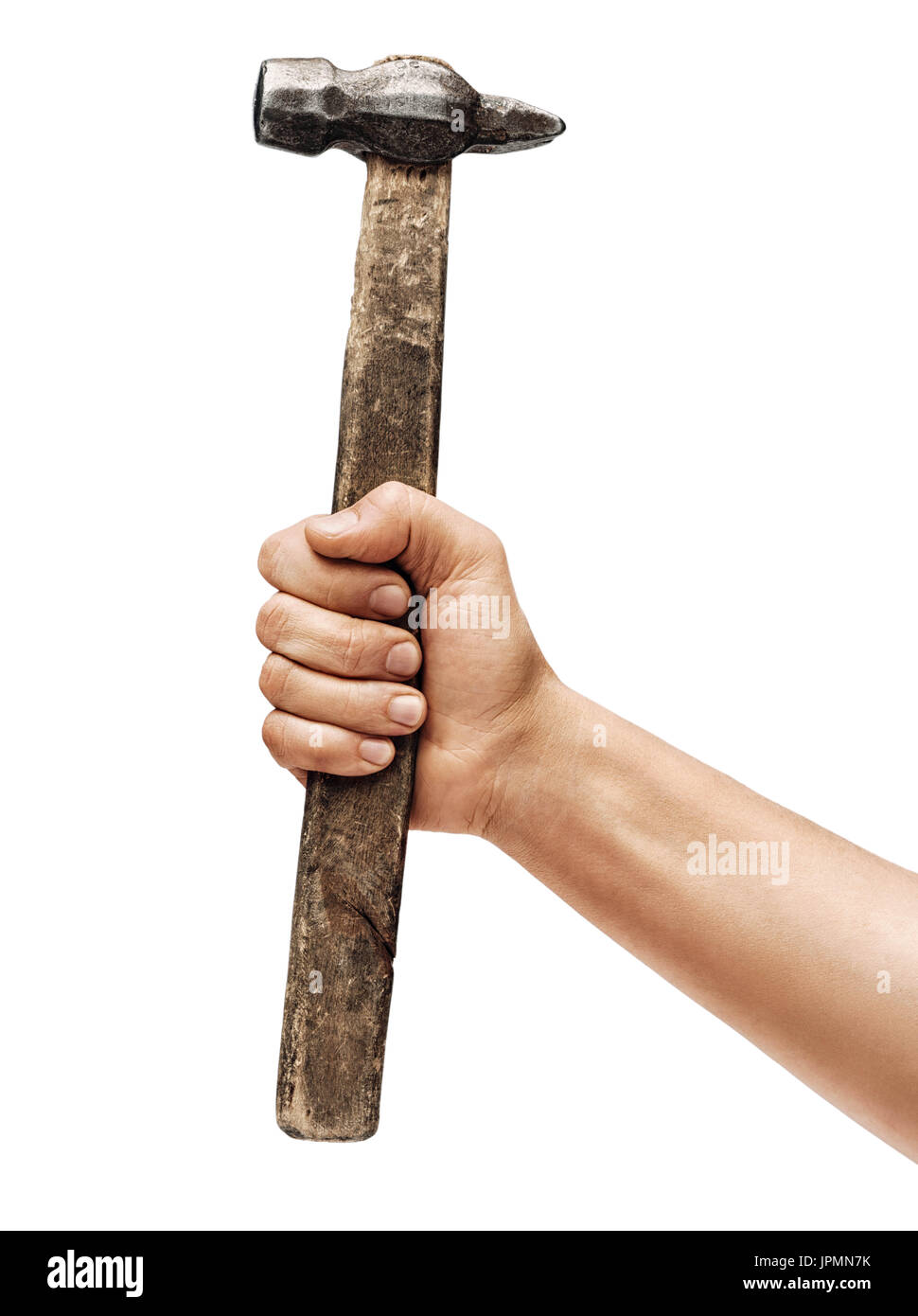 Mannes Hand hält einen Hammer isoliert auf weißem Hintergrund. Hautnah. Hohe Auflösung-Produkt Stockfoto
