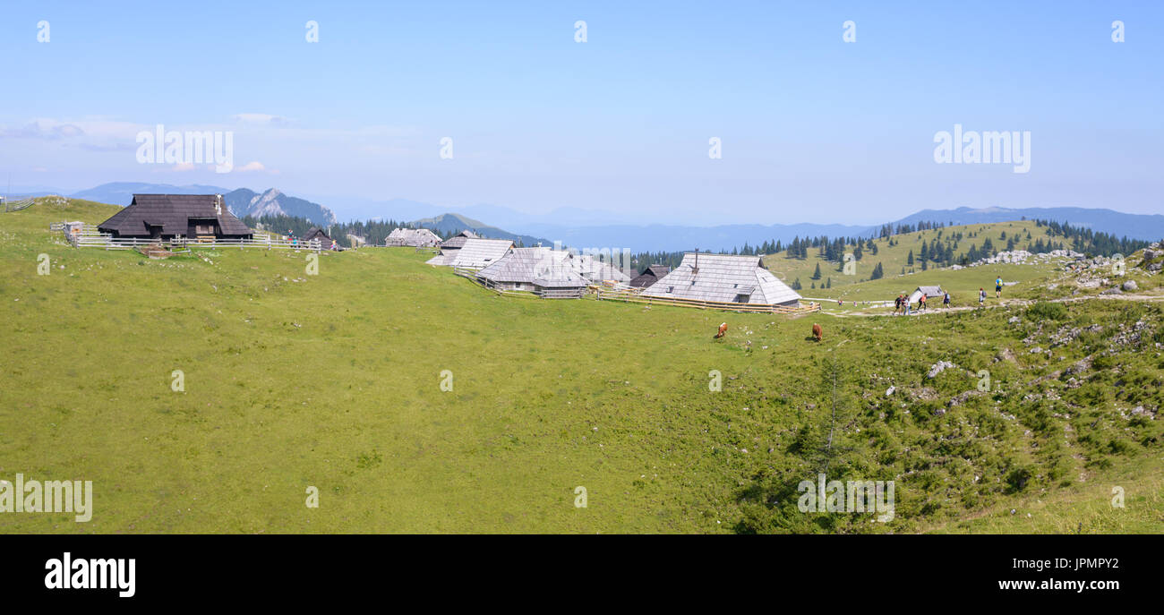 Velika Planina Plateau, Slowenien, Bergdorf in den Alpen, Holzhäuser im traditionellen Stil, beliebtes Reiseziel Wandern Stockfoto