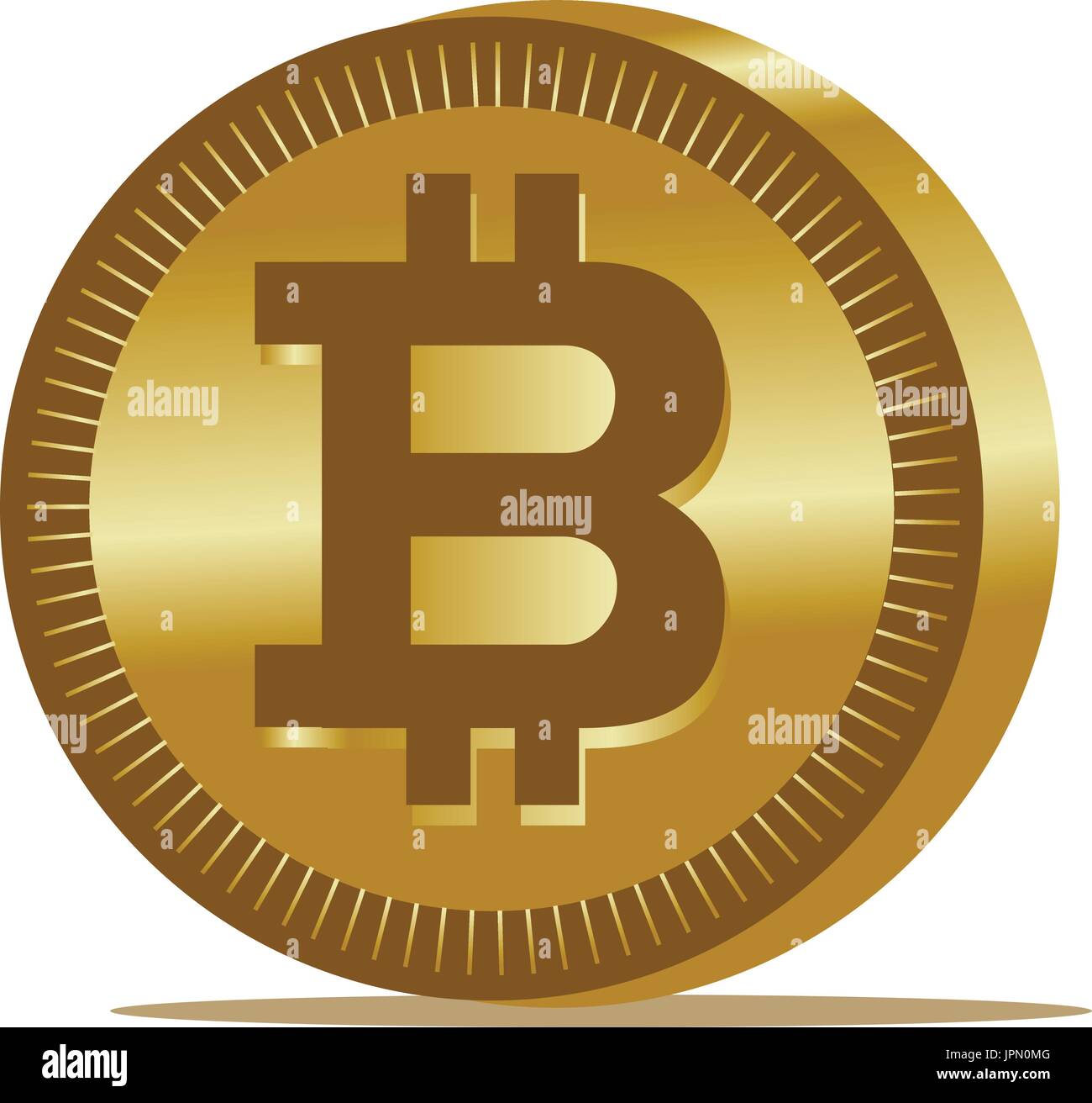 Bitcoin-Zeichen auf 3D Münze mit Schatten, Icon-Design, isoliert auf weißem Hintergrund. Stock Vektor